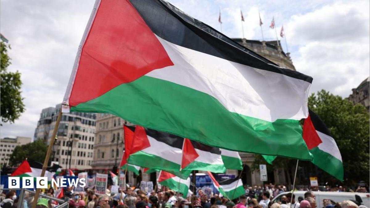Palestinian flags in green, red, black and white are fluttering against a backdrop of a demonstration in support of Palestine Action in Trafalgar Square, London, in June 2025