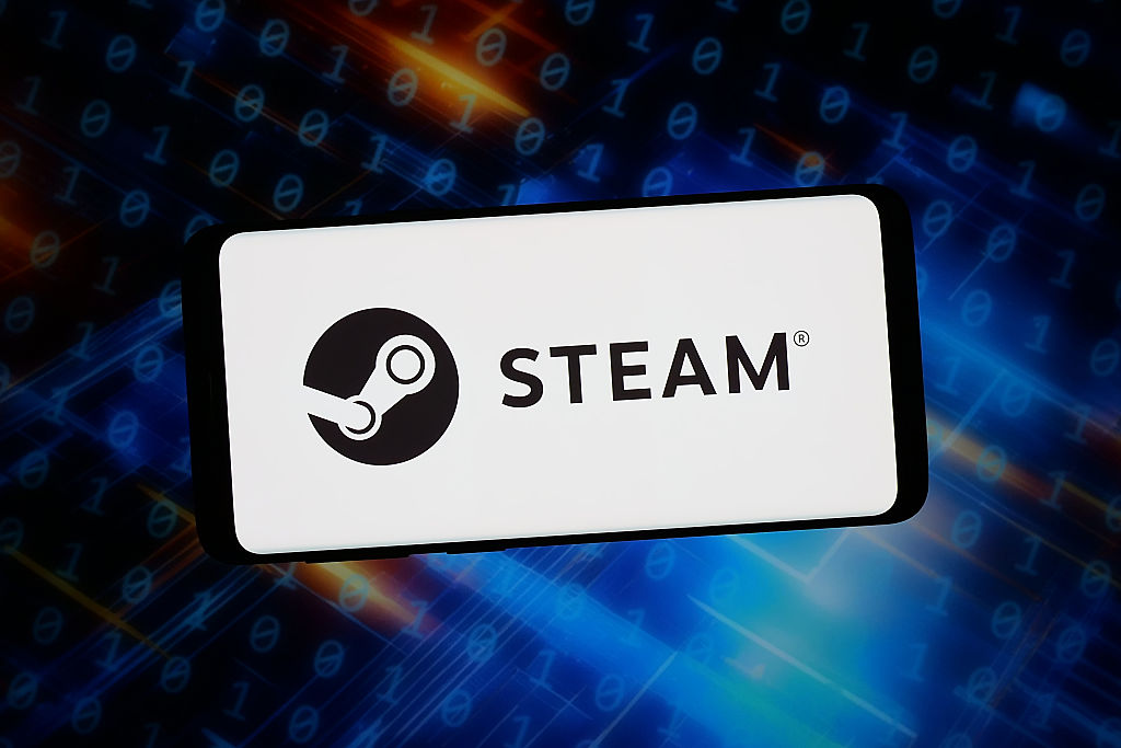Steam logo on an otherwise white phone screen. The background is an assortment of blue glowing code.