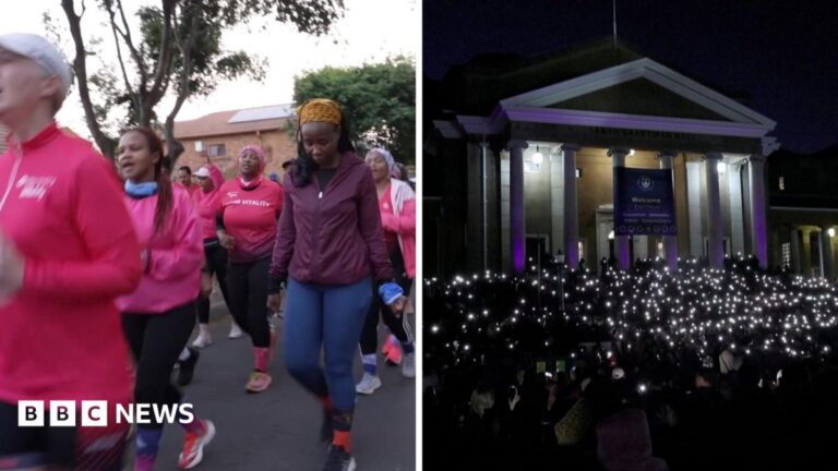 Split-screen showing women in pink running outside, on the left, and hundreds holding lanters at night during vigil on the right
