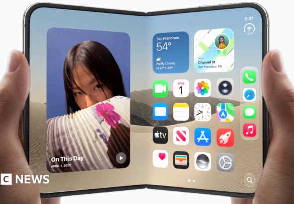 An image of the new foldable iPhone Duo in a woman's hands, being opened like a book.