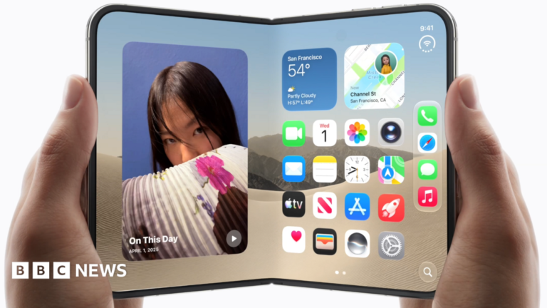 An image of the new foldable iPhone Duo in a woman's hands, being opened like a book.