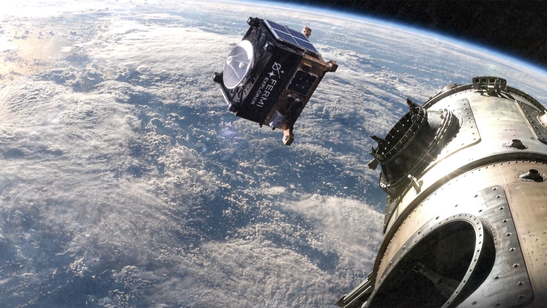 A rendered graphic of the Fermi Explorer launching into space.