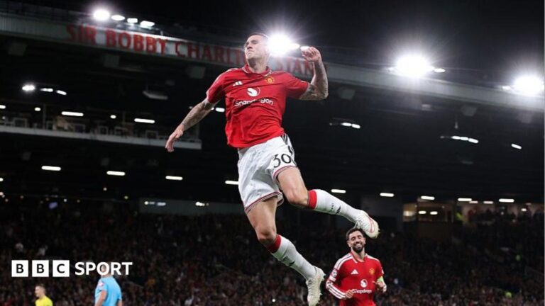 Sesko leaps into the air as he celebrates scoring against Sabah FK at Old Trafford