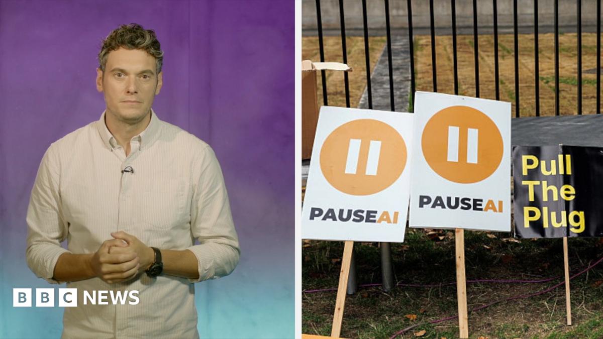 On the left, Joe Tidy. On the right, two signs saying PAUSE AI and another that says Pull The Plug.