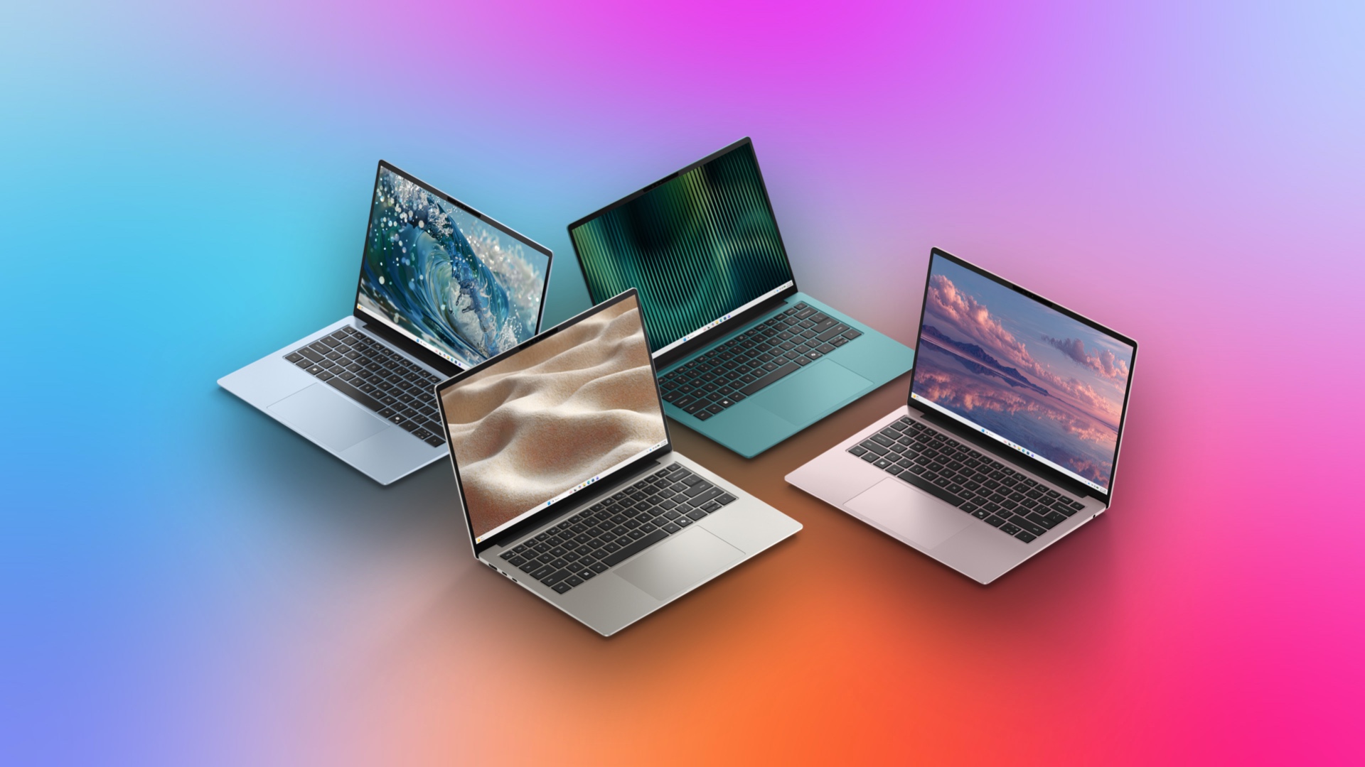 Four Dell 14S laptops are featured against a multicolored background. All four colors that will be available are shown.