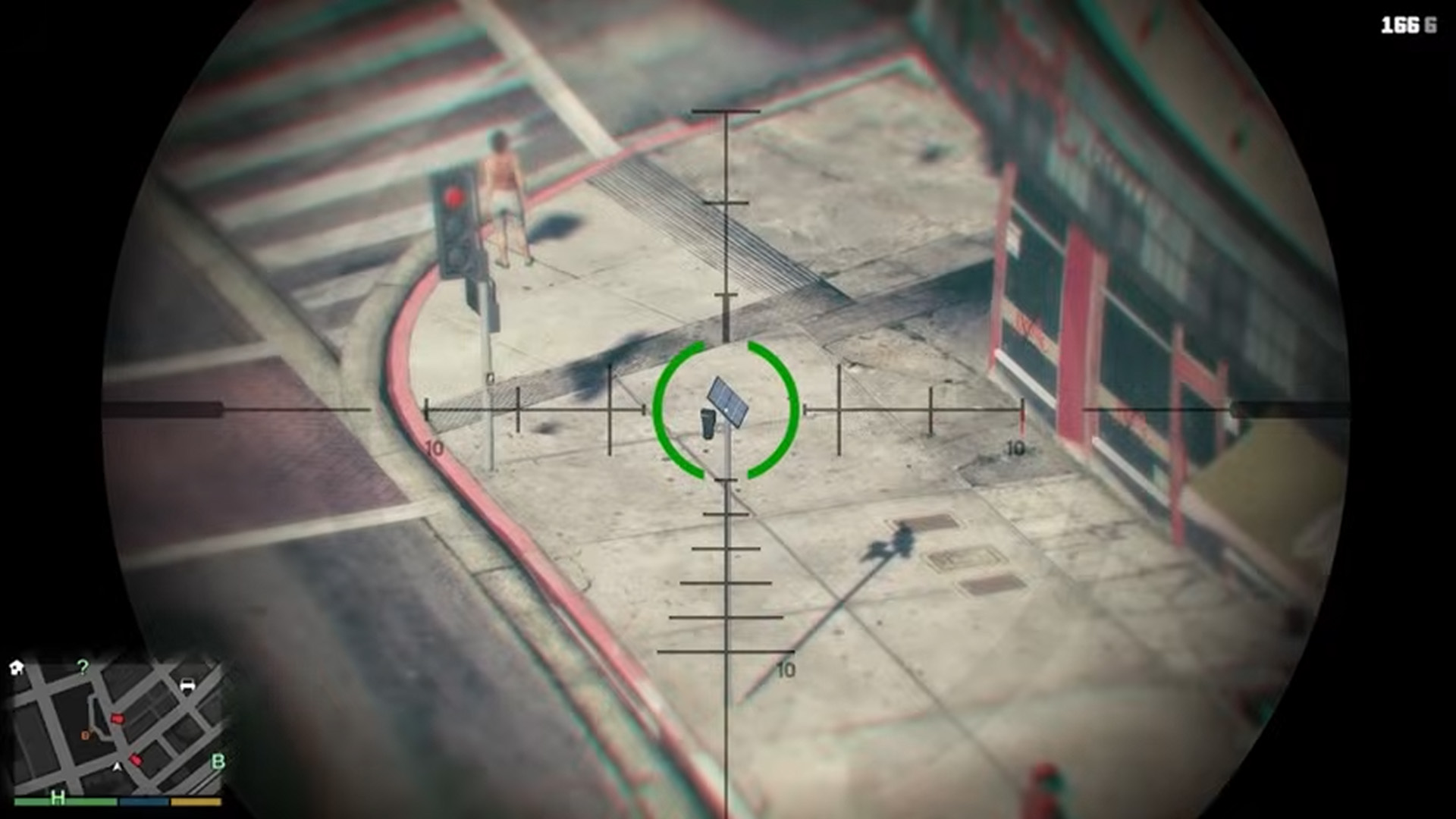 A screenshot of GTA V with a Flock camera in a sniper rifle's crosshairs.