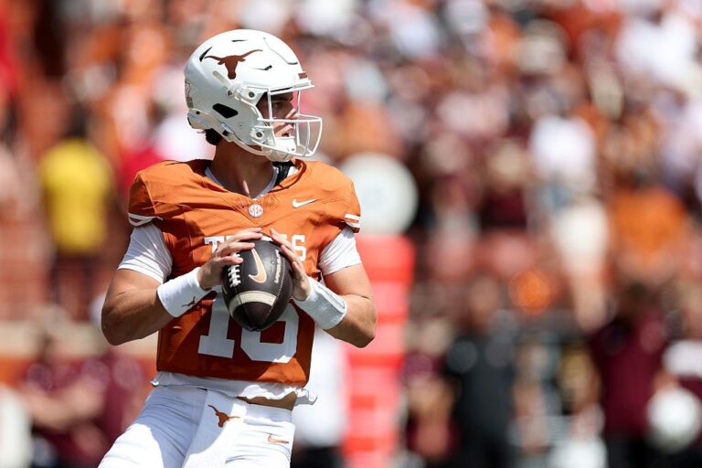 AUSTIN, TEXAS - SEPTEMBER 05: Arch Manning #16 of the Texas Longhorns looks to pass in the second quarter against the Texas State Bobcats at Darrell K Royal-Texas Memorial Stadium on September 05, 2026 in Austin, Texas. (Photo by Tim Warner/Getty Images)