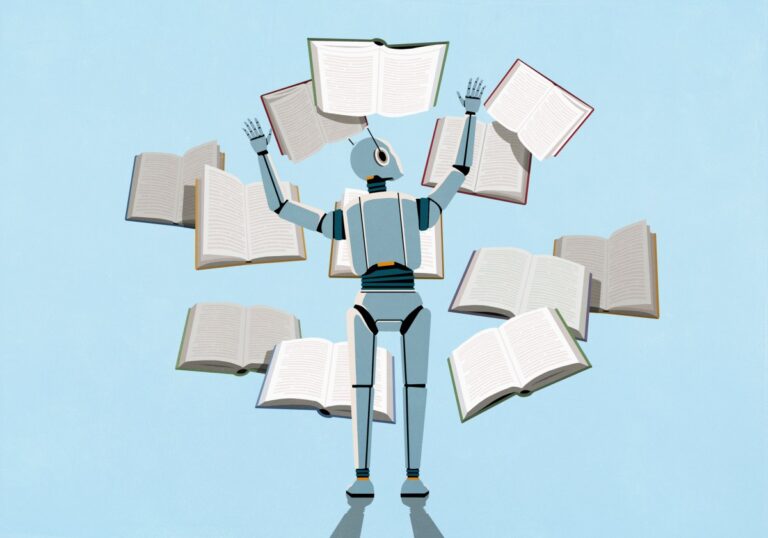 render of LLM AI bot reading multiple books at once