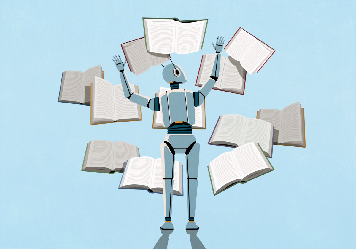 render of LLM AI bot reading multiple books at once