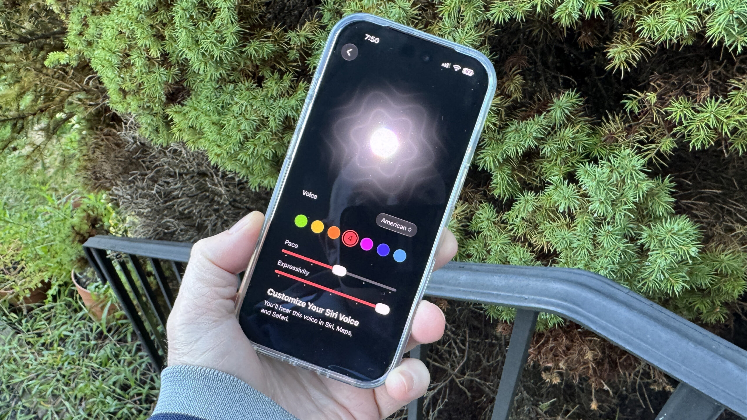 Tweaking Siri's pace and expressivity on an iPhone 18 Pro.