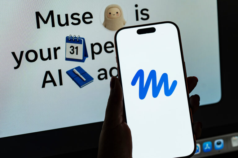 In this photo illustration, a person holds a smartphone displaying the logo of Muse, Meta’s personal AI agent