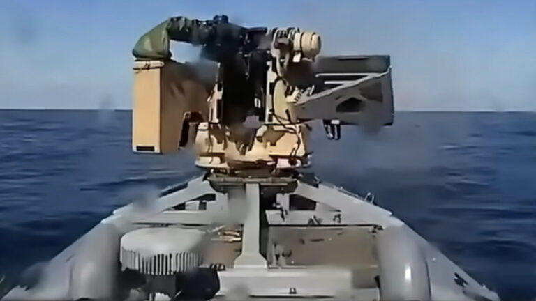 A 12.7mm machine gun mounted on a remote weapon station on a Ukrainian Sargan-3000 drone boat.