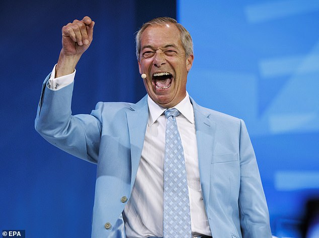 A jubilant Nigel Farage celebrated a double donation from crypto billionaires totalling £72million on Saturday. (Pictured here at Reform's annual conference on September 5)
