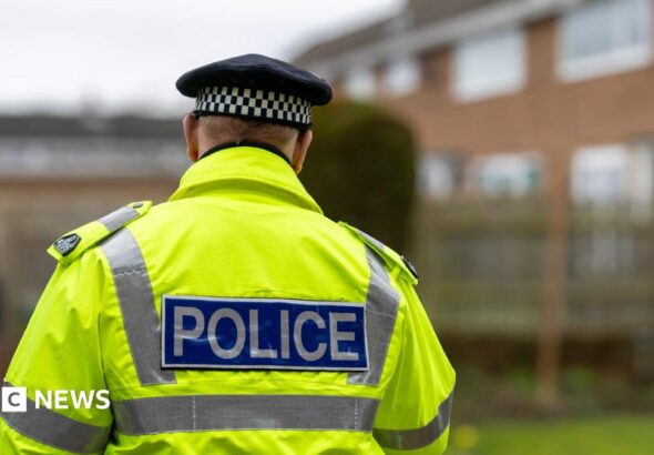 A stock image of a police officer with his back to the camera