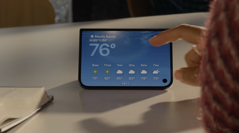 iPhone Duo showing weather in tented position.