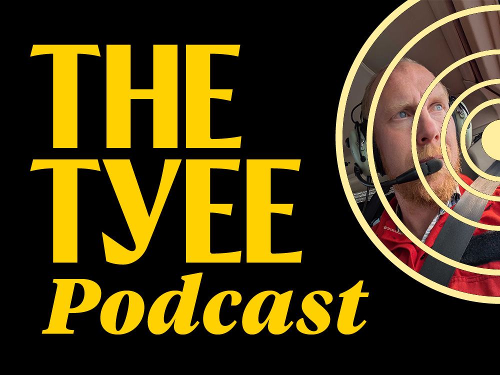 “The Tyee podcast” in yellow script with a circular white graphic to its right. Contained within the circles is an image of a light skin toned man with a beard sitting in a wildfire fighting helicopter.