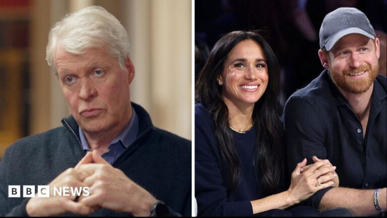 Harry and Meghan split screen with Earl Spencer