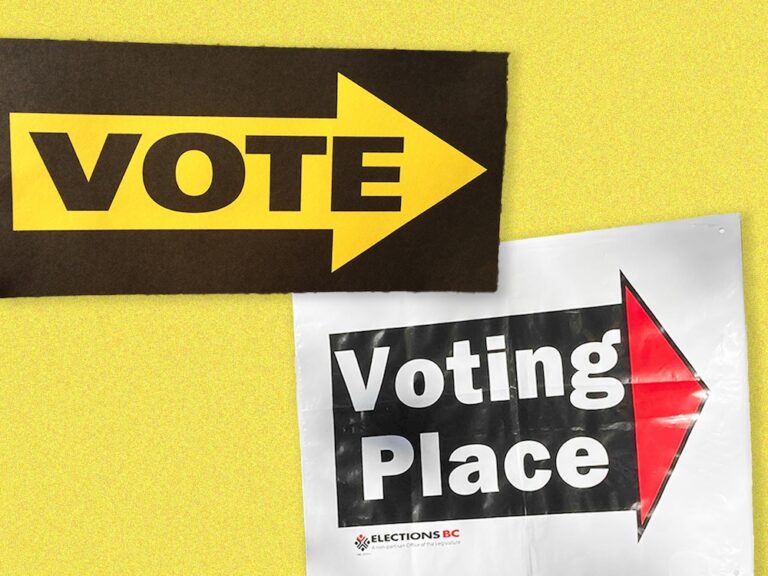 Two duelling voting place signs.