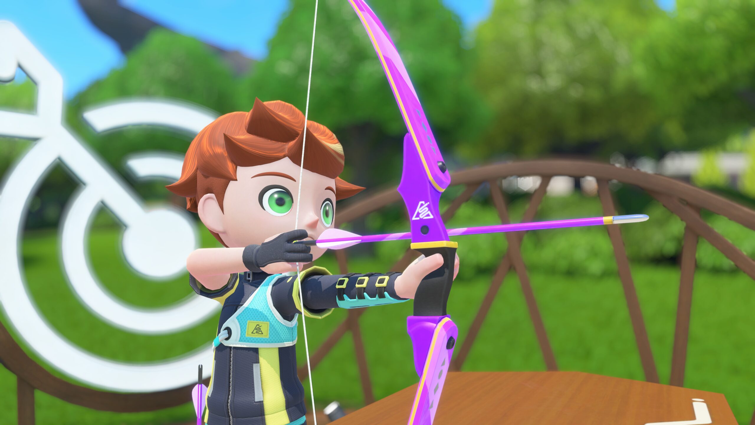 An archer with bow and arrow in a cartoon landscape, from Nintendo Switch Sports Resort