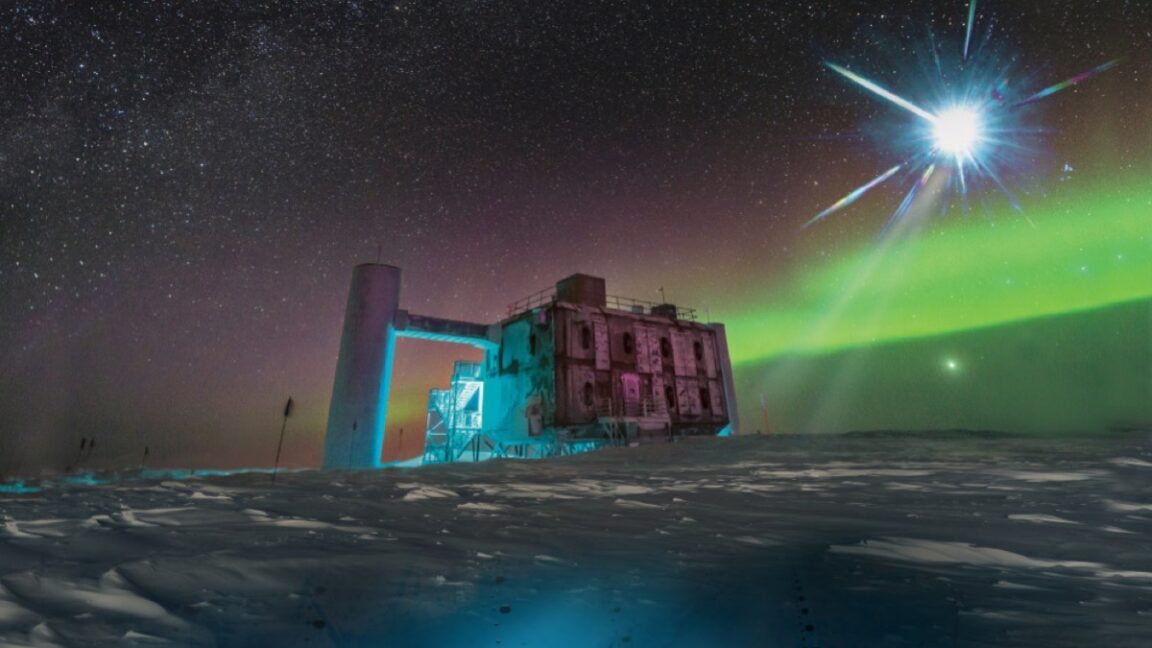 Artist’s representation of a cosmic neutrino source shining above the IceCube Observatory at the South Pole. Beneath the ice are photodetectors that pick up the neutrino signals.
