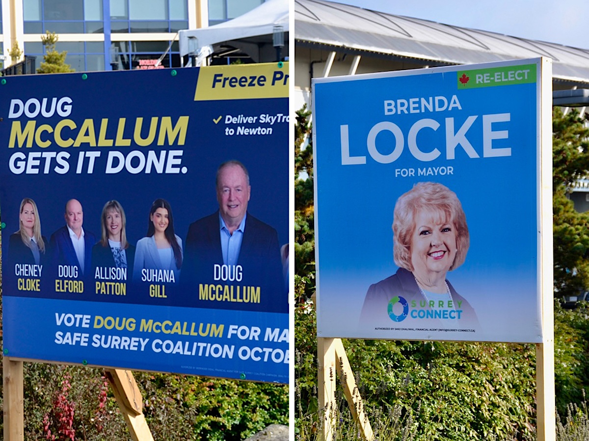 Election signs show, on the left, an older man with several council candidates, and the words ‘Doug McCallum gets it done.’ On the right, an older woman with wavy blond hair and the words ‘Brenda Locke for mayor.’