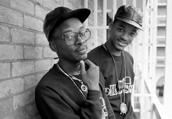 Jazzy Jeff and the Fresh Prince, Jeff Townes (left) and Will Smith (right), pose for a portrait session at the Holiday Inn hotel, Swiss Cottage, London, 21st October 1986.